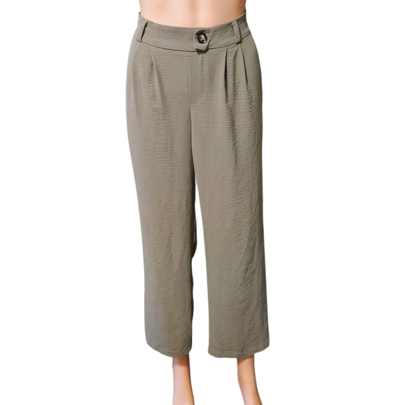 Womens Olive Green Wide Leg Ankle Trousers Sz S Pull-on Capsule Earthy Scandi - Picture 1 of 12